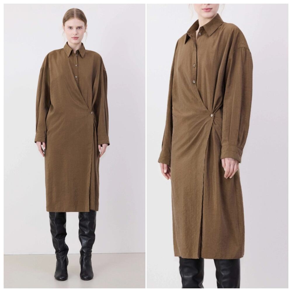 Lemaire Twisted Shirt Midi Wrap Dress Brown Size 36/ S Asymmetric Dry Silk Blend